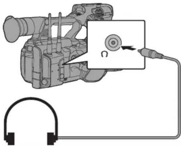 Illustration of a video camera connected to an earphone via cable, with no visible text or symbols.