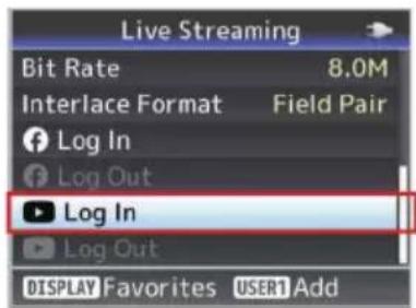 Live Streaming Bit Rate 8.0M Interlace Format Field Pair Log In Log Out Log In Log Out DISPLAY Favorites USER1 Add