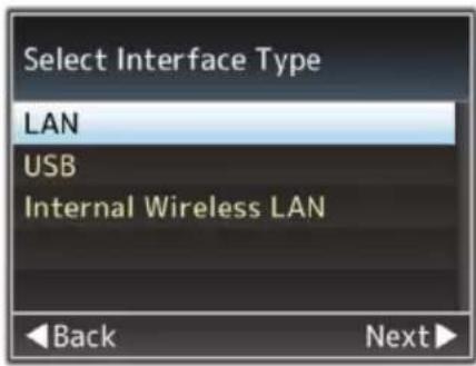 Select Interface Type LAN USB Internal Wireless LAN Back Next
