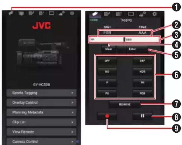 JVC GY-HC500 Sports Tagging Overlay Control Planning Metadata Clip List View Remote Camera Control Tagging Title1 Title2 FGB AAA PR 0.00 Clear Enter OFF SET MD KGB P PR FG FGB REMOVE II ① ② ③ ④ ⑤ ⑥ ⑦ ⑧ ⑨
