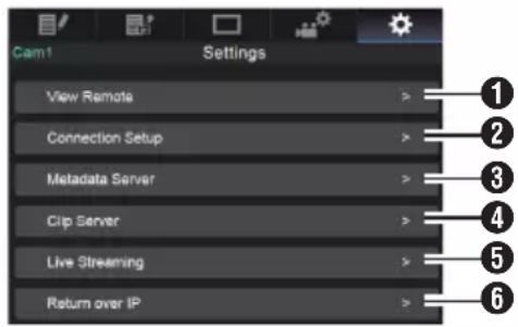 Cam1 Settings View Remote > Connection Setup > Metadata Server > Clip Server > Live Streaming > Return over IP >
