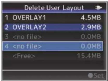 Delete User Layout 1 OVERLAY1 4.5MB 2 OVERLAY2 2.9MB 3 0.0MB 4 0.0MB 15.4MB Set
