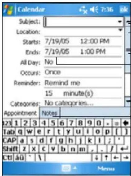 Calendar Subject: Location: Starts: 7/19/05 12:00 PM Ends: 7/19/05 1:00 PM All Day: No Occurs: Once Reminder: Remind me 15 minute(s) Categories: No categories... Appointment Notes 123 1 2 3 4 5 6 7 8 9 0 - = + Tab q w e r t y u i o p [ ] CAP a s d f g h j k l ; * Shift z x c v b n m , . / ← CtI áü `…