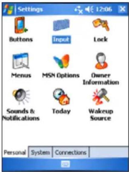 Settings: Buttons, Input, Lock, Menus, MSN Options, Owner Information, Sounds & Notifications, Today, Wakeup Source. Personal System Connections.
