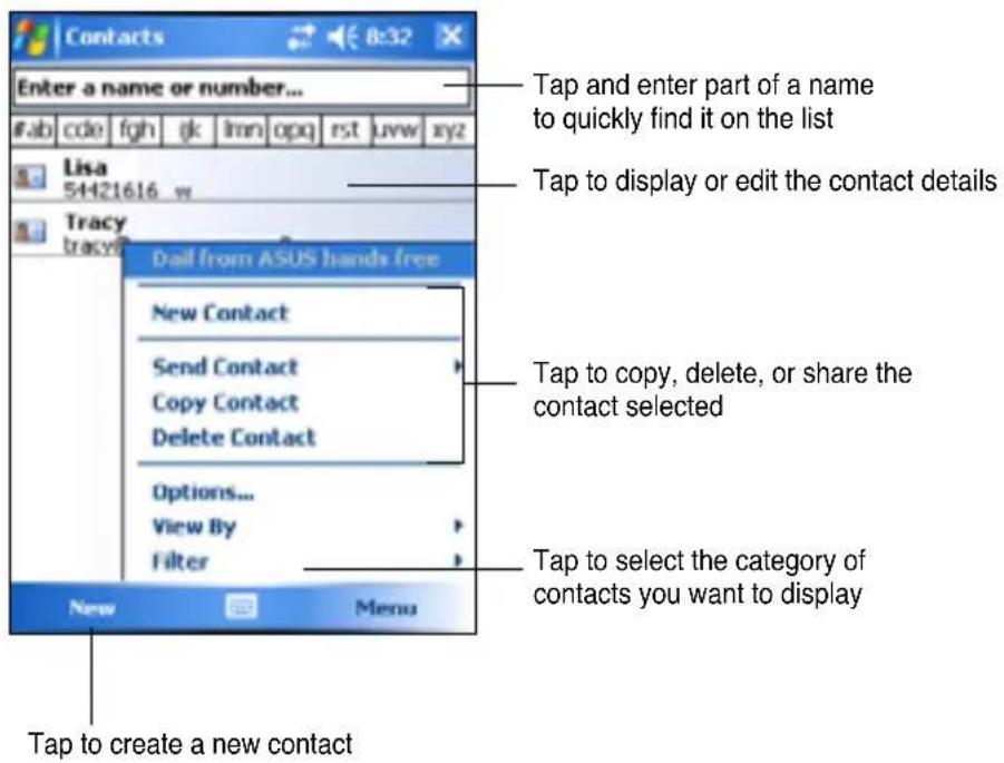 Contacts Enter a name or number... #ab cde fgh gk lmn opq rst uvw xyz Lisa 54421616 w Tracy tracy? Dail from ASUS hands free New Contact Send Contact Copy Contact Delete Contact Options... View By Filter Tap to create a new contact Tap and enter part of a name to quickly find it on the list Tap to d…
