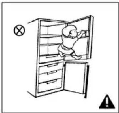 Illustration of a child inside an open refrigerator with warning symbols (no text or labels).