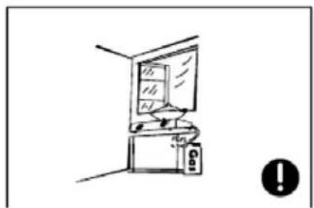 Simple line drawing of an office desk with a computer monitor and a warning symbol (no text or labels).