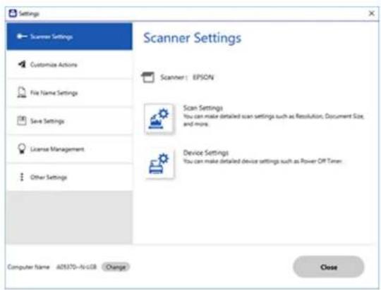Settings Scanner Settings Customize Actions File Name Settings Save Settings License Management Other Settings Scanner Settings Scanner: EPSON Scan Settings You can make detailed scan settings such as Resolution, Document Size, and more. Device Settings You can make detailed device settings such as…