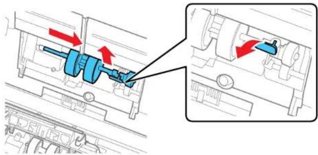 Technical diagram showing mechanical assembly with red arrows indicating motion or force direction, and a magnified inset of the component.