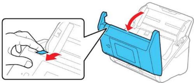 Illustration of a hand inserting a blue plastic component into a printer case, with red arrows indicating the process (no text or symbols present).