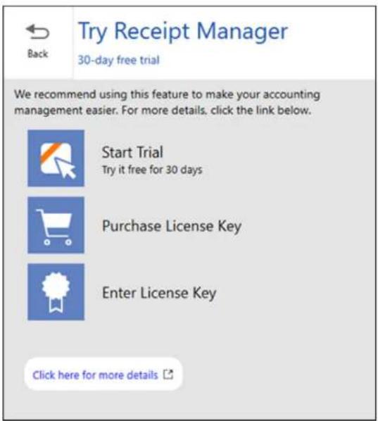 Try Receipt Manager 30-day free trial We recommend using this feature to make your accounting management easier. For more details, click the link below. Start Trial Try it free for 30 days Purchase License Key Enter License Key Click here for more details