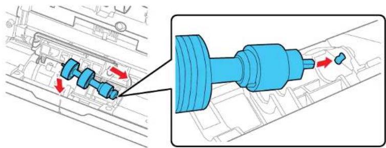 Technical diagram showing mechanical assembly with blue components and red directional arrows indicating motion or movement.