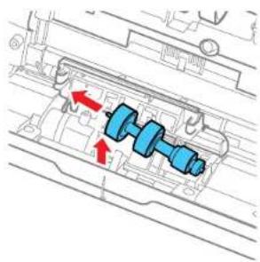 Mechanical assembly diagram showing a blue gear mechanism with red directional arrows indicating motion (no text or labels).