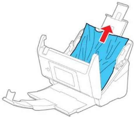 Diagram of a printer holder with blue cover and red arrow indicating direction (no text or symbols).