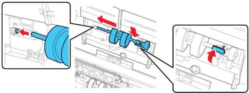 Technical diagram showing mechanical assembly with blue components and red directional arrows indicating motion or movement.