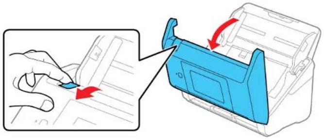Illustration of a hand pressing down on a document with a blue printer component being inserted (no text or symbols present).