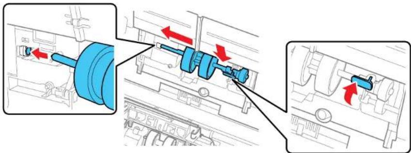Mechanical assembly diagram showing a blue shaft connected to a motor, with red arrows indicating motion direction (no text or symbols present).