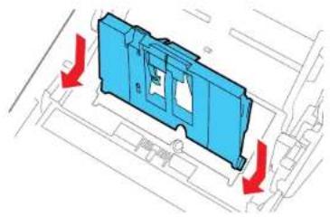 3D diagram of a blue plastic enclosure with red arrows indicating directional movement or force (no text or symbols).