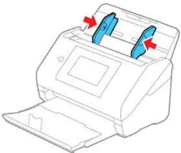 Line drawing of a printer with two blue paper clips and red arrows indicating ports (no text or symbols).
