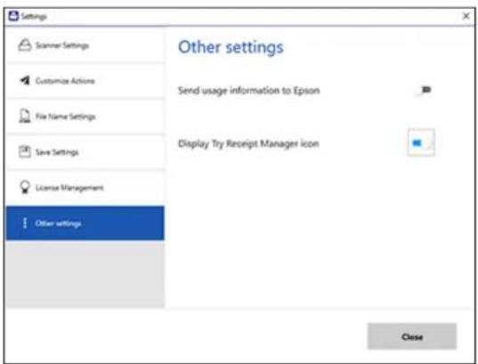 Settings Scanner Settings Customize Actions File Name Settings Save Settings License Management Other settings Other settings Send usage information to Epson Display Try Receipt Manager icon Close