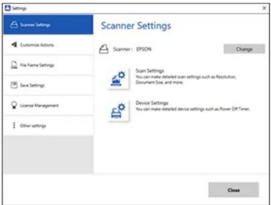 Settings Scanner Settings Customize Actions File Name Settings Save Settings License Management Other settings Scanner Settings Scanner: EPSON Change Scan Settings You can make detailed scan settings such as Resolution, Document Side, and more. Device Settings You can make detailed device settings s…