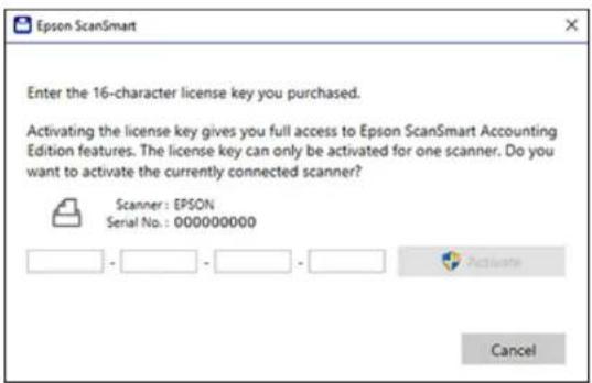 Epson ScanSmart Enter the 16-character license key you purchased. Activating the license key gives you full access to Epson ScanSmart Accounting Edition features. The license key can only be activated for one scanner. Do you want to activate the currently connected scanner? Scanner: EPSON Serial No.…