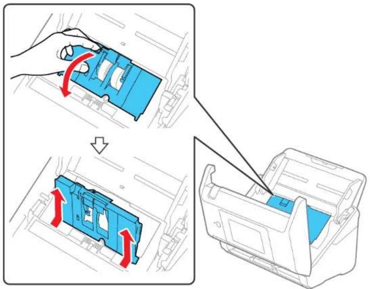 Diagram illustrating the process of printer internal components, showing step-by-step assembly with red arrows indicating rotation.