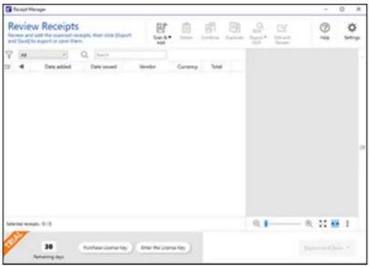 Review Receipts Review and add the scanned receipts, then click (Export and Send) to export or save them. Save As: 400 Date added Date issued Vendor Currency Total Selected receipts: 8.1.9 30 Returning days Purchase License Key Enter the License Key Supplemental Review