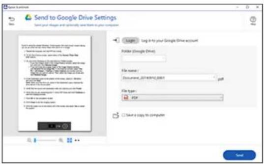 Send to Google Drive Settings Send your Google and automatically send links to your computer Log-in: Log In to your Google Drive account Folder (Google Drive) File Name: Document_20180912.2001 pdf File Type: PDF Save it copy to computer Send
