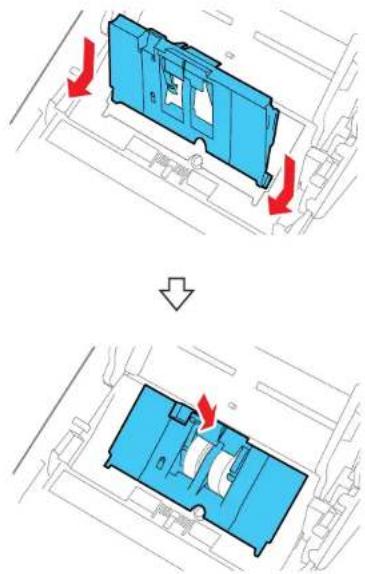 Diagram showing a blue plastic component being lowered into a lower panel, with red arrows indicating direction of change (no text or symbols present).