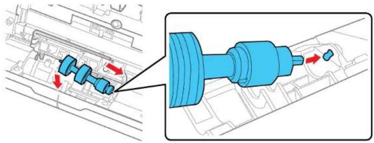 Technical diagram showing mechanical assembly with blue components and red directional arrows indicating motion or movement.
