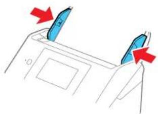 Diagram of a device's front panel with two blue blades and red directional arrows indicating movement (no text or symbols).