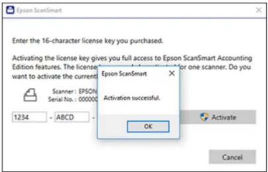 Enter the 16-character license key you purchased. Activating the license key gives you full access to Epson ScanSmart Accounting Edition features. The license key can only be activated for one scanner. Do you want to activate the currently connected scanner? Epson ScanSmart Scanner: EPSON Serial No.…