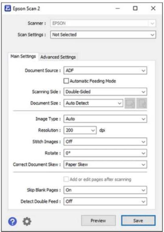 Epson Scan 2 Scanner : EPSON Scan Settings : Not Selected Main Settings Advanced Settings Document Source : ADF Automatic Feeding Mode Scanning Side : Double-Sided Document Size : Auto Detect Image Type : Auto Resolution : 200 dpi Stitch Images : Off Rotate : 0° Correct Document Skew : Paper Skew Ad…