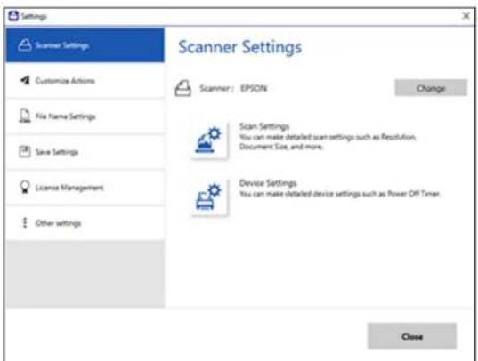 Settings Scanner Settings Customize Actions File Name Settings Save Settings License Management Other settings Scanner Settings Scanner: EPSON Change Scan Settings You can make detailed scan settings such as Resolution, Document Size, and more. Device Settings You can make detailed device settings s…