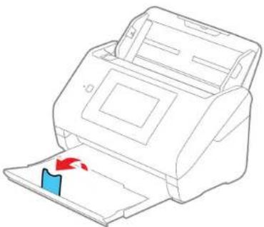 Line drawing of a printer with a blue paper clip and red arrow indicating print direction (no text or symbols).