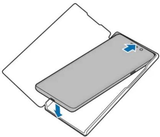 Diagram of a smartphone partially open with a blue arrow indicating the fold, showing no text or symbols.