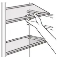 Illustration of a hand placing a shelf item on top of a rack (no text or symbols)