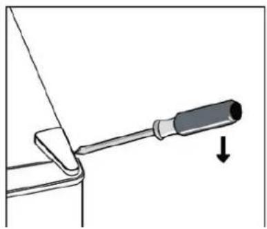 Diagram of a tool being inserted into a container with a screwdriver, showing a downward arrow (no text or symbols present)