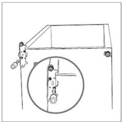 Technical line drawing of a vehicle door frame with an inset circular detail showing internal components (no text or symbols)