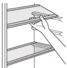 Line drawing of a hand holding a shelf with a tray, no text or symbols present