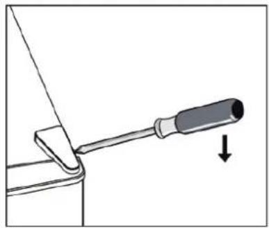 Diagram of a screwdriver being inserted into a container, with an arrow indicating the insertion direction (no text or symbols present)