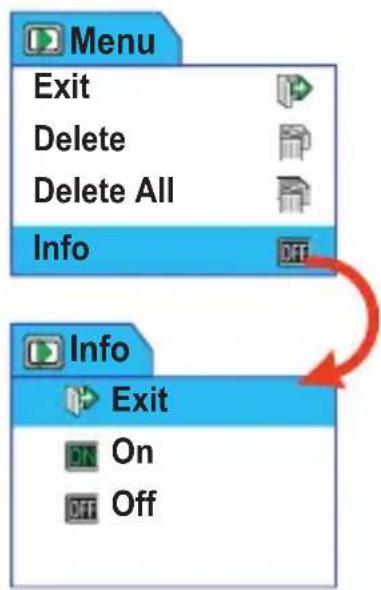 graph TD A["Menu"] --> B["Exit"] B --> C["Delete"] C --> D["Delete All"] D --> E["Info"] F["Info"] --> G["Exit"] G --> H["On"] G --> I["Off"]