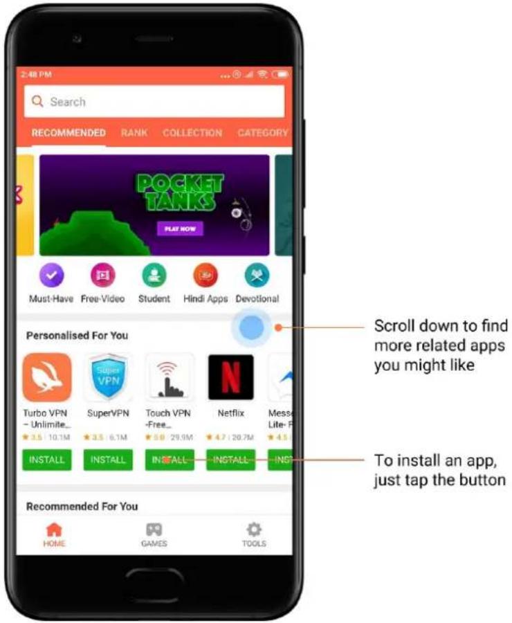 2:48 PM. Search. RECOMMENDED, RANK, COLLECTION, CATEGORY. POCKET TANKS, PLAY NOW. Must-Have, Free-Video, Student, Hindi Apps, Devotional. Personalised For You: Turbo VPN, SuperVPN, Touch VPN, Netflix, Messenger Lite-F. Ratings: 3.5 / 10.1M, 5.0 / 29.9M, 4.7 / 20.7M, 4.5. INSTALL buttons. Recommended…