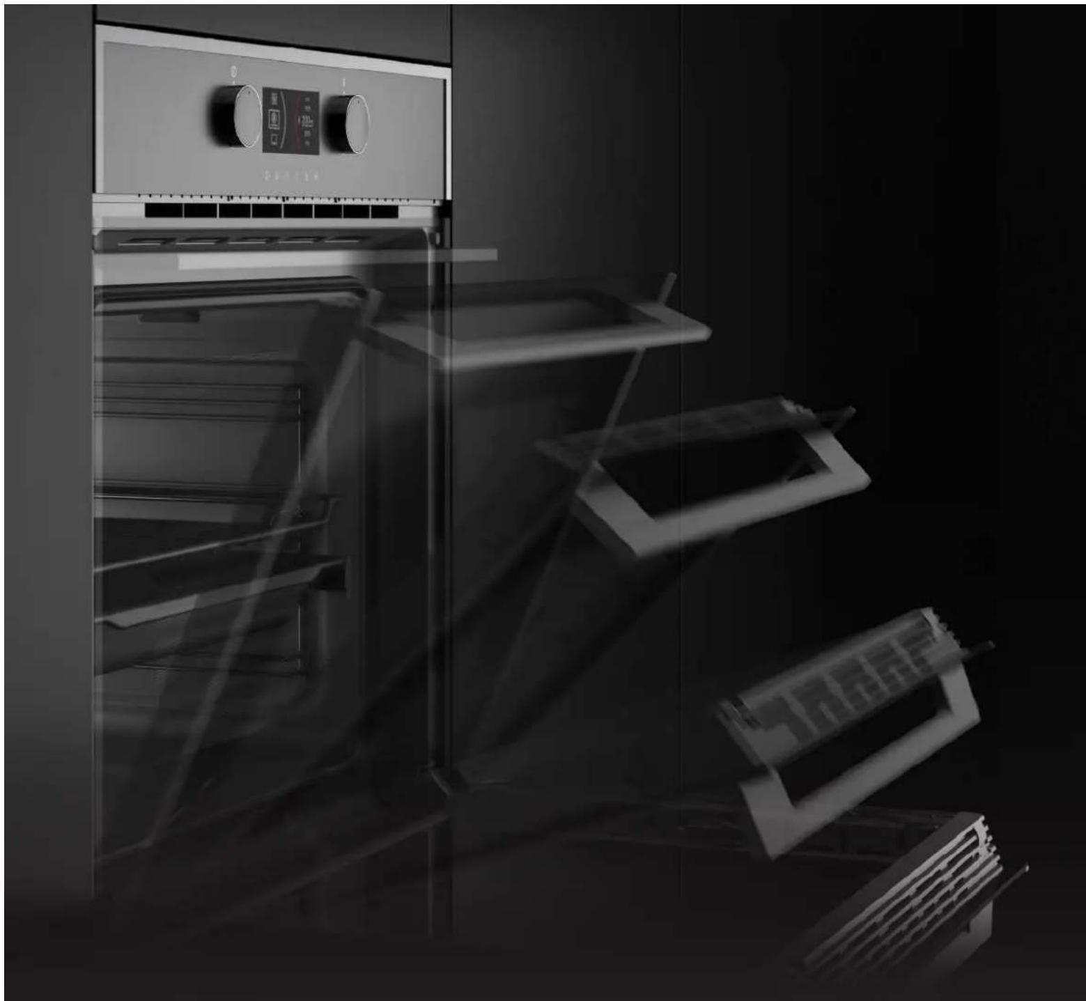 Interior view of a modern kitchen appliance with transparent oven and control panel (no visible text or symbols)