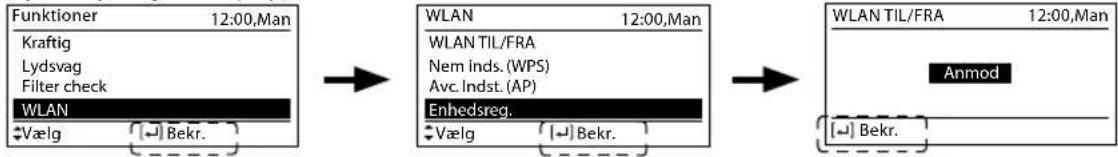 graph LR A["Funktioner 12:00,Man\nKraftig\nLydsvag\nFilter check\nWLAN\nVælg"] --> B["WLAN 12:00,Man\nWLAN TIL/FRA\nNem inds. (WPS)\nAvc. Indst. (AP)\nEnhedsreg.\nVælg"] --> C["WLAN TIL/FRA 12:00,Man\nAnmod"]