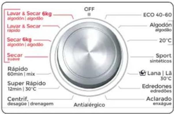 Lavar & Secar 6kg cotton | algodão Lavar & Secar quick Dry 6kg cotton | algodão Dry gentle Quick 60min | mix Super Quick 12min | 30°C Spin drain | drenagem OFF ECO 40-60 Cotton algodão 20°C Sport synthetics Wool | Lã 30°C Duvets edredões Rinse enxágue Anti-allergy