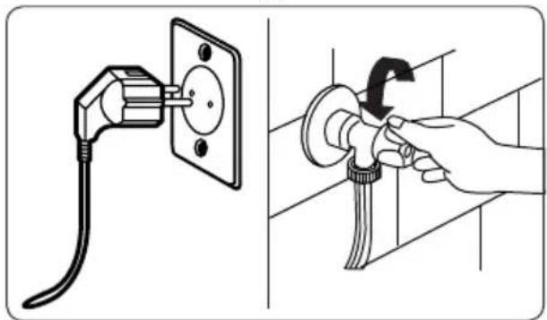 Illustration showing a hand using a tool to clean or adjust the electrical outlet cable (no text or symbols present).