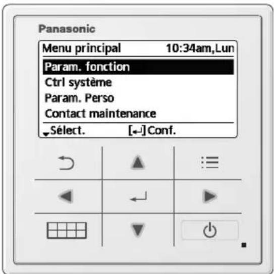 Panasonic Menu principal 10:34, lun. Param. fonction Ctrl système Param. Perso Contact maintenance Sélect. [←] Conf.