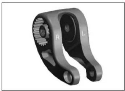 Mechanical component with gear and labeled parts (R and L), no readable text or symbols beyond labels